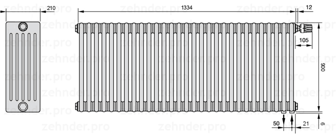 Схема (чертеж) Радиатор Zehnder Charleston 6090/29 №V002 Белый глянцевый RAL 9016